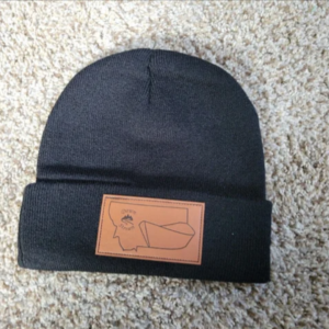 Downstream Boatworks black beanie hat with a custom debossed leather logo patch on the cuff.