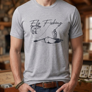 Man wearing a grey 100% cotton Downstream Boatworks fly fishing t-shirt featuring a graphic print of an angler casting from a drift boat.