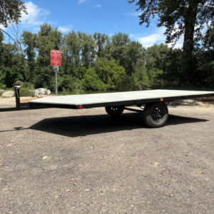 Downstream Heavy Duty Whitewater Raft Trailer featuring a wide flat deck design and smooth rolling rear roller system.