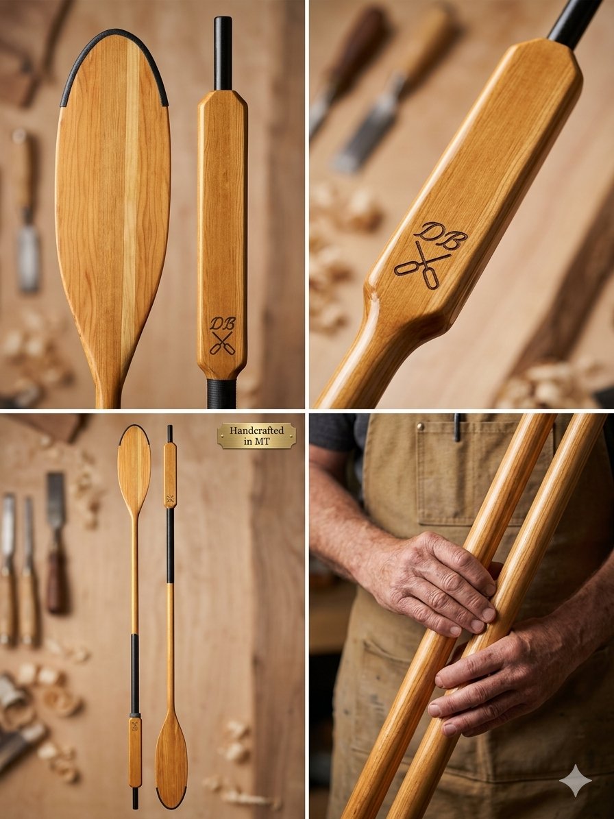 Handcrafted solid wood oars with custom DB branding in a wood workshop.